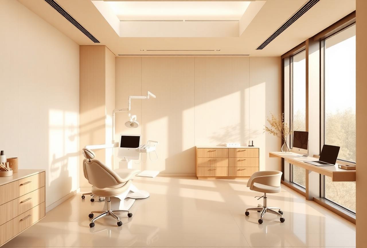 A modern dental office with a dental chair, medical equipment, cabinets, and two desks with computers, lit by natural sunlight through large windows.