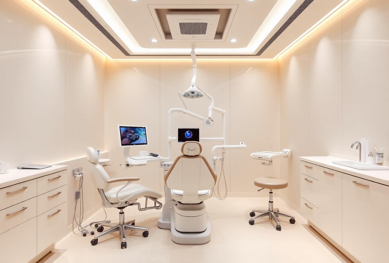 Modern dental clinic room with a dentist chair, dental equipment, computer monitor, stool, and cabinetry under bright overhead lighting.